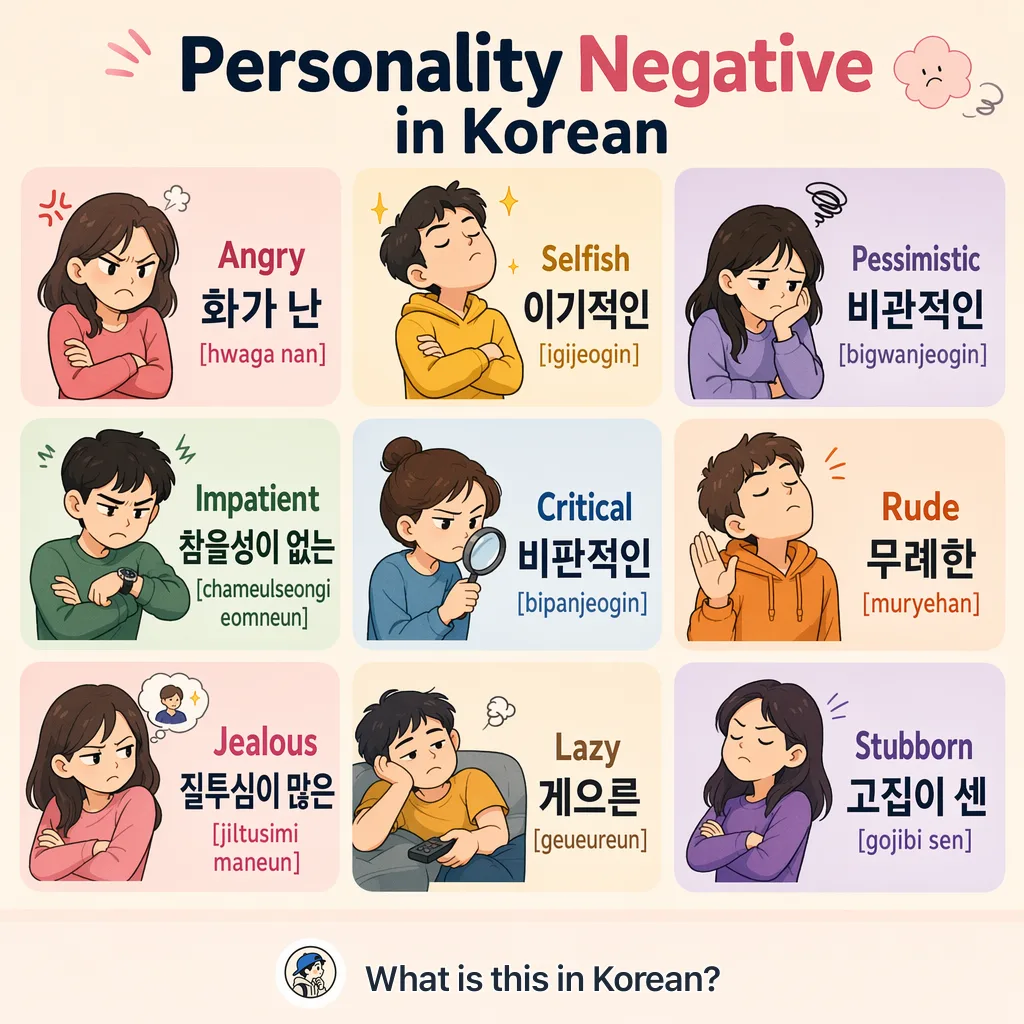 Personality Negative in Korean — Korean vocab chart