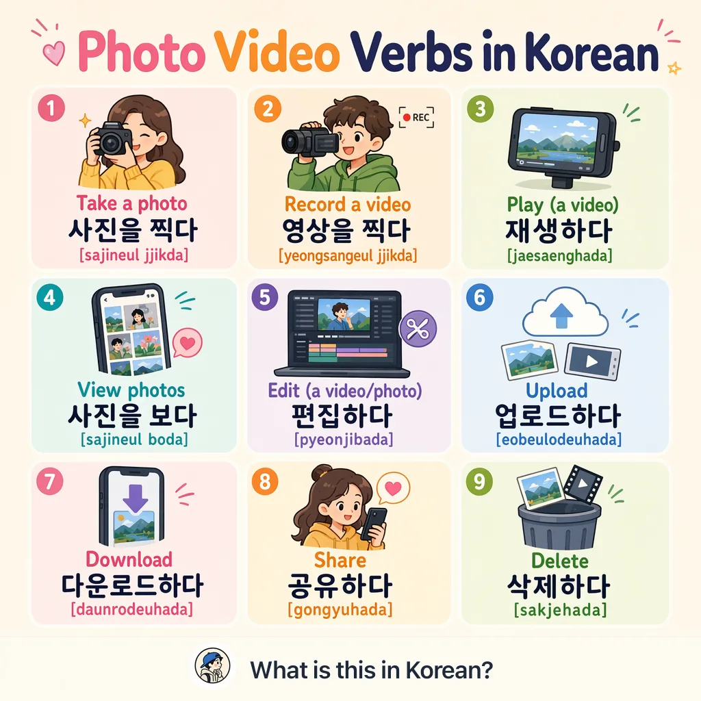 Photo Video Verbs in Korean — Korean vocab chart