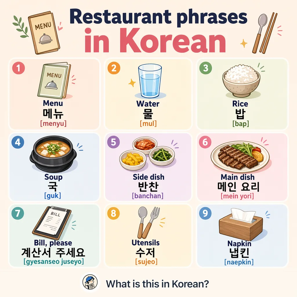 Restaurant phrases in Korean — Korean vocab chart
