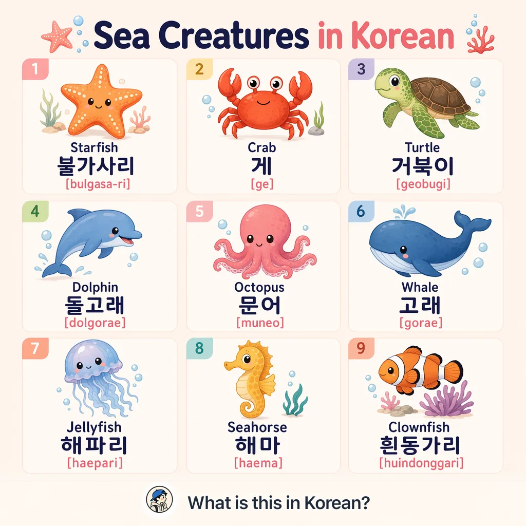 Sea Creatures in Korean — Korean vocab chart