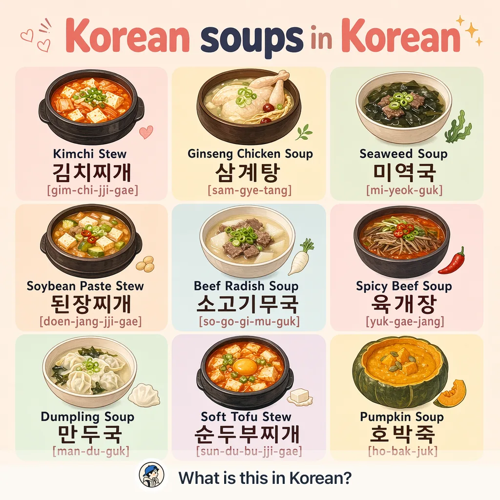 Korean soups in Korean — Korean vocab chart