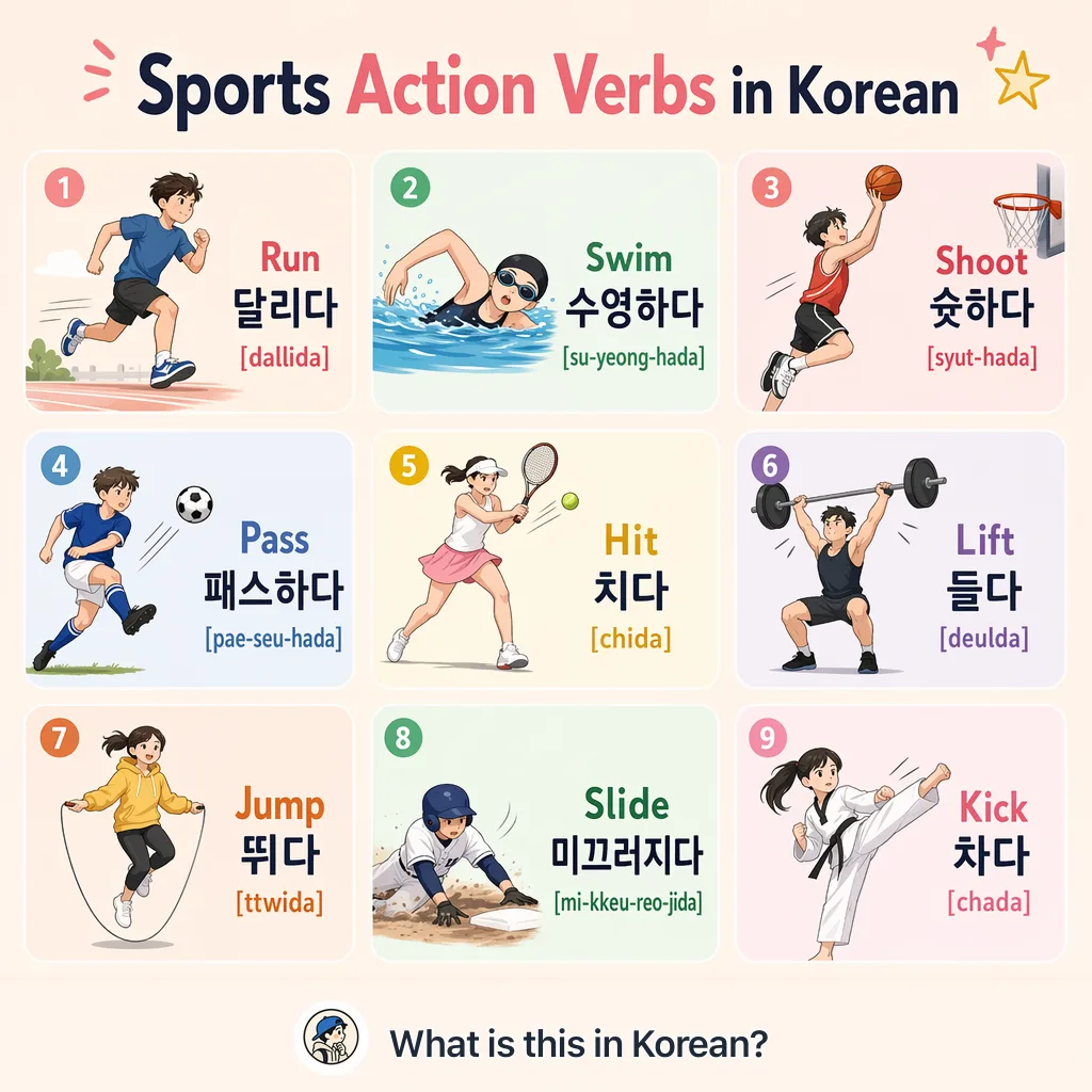 Sports Action Verbs in Korean — Korean vocab chart