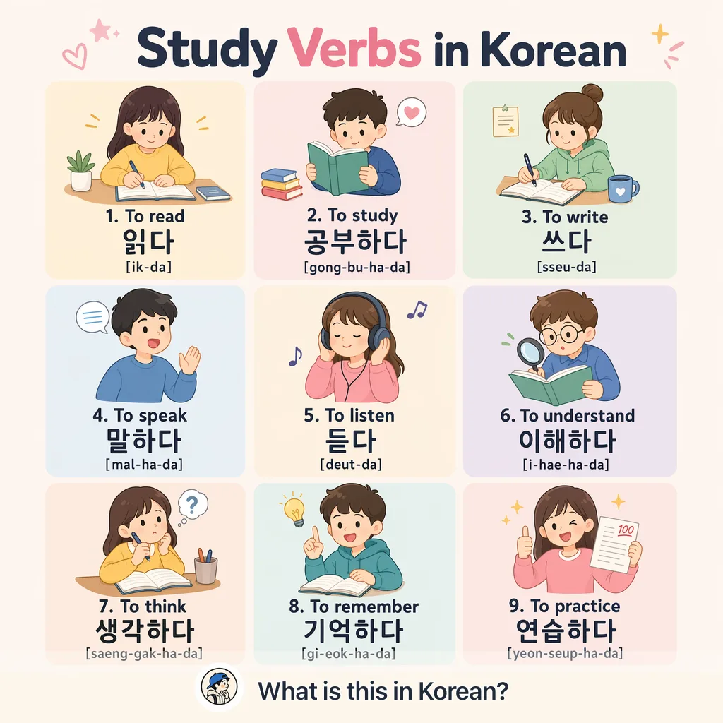 Study Verbs in Korean — Korean vocab chart