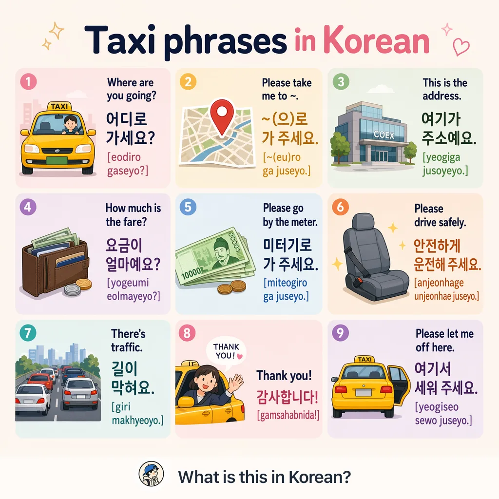 Taxi phrases in Korean — Korean vocab chart