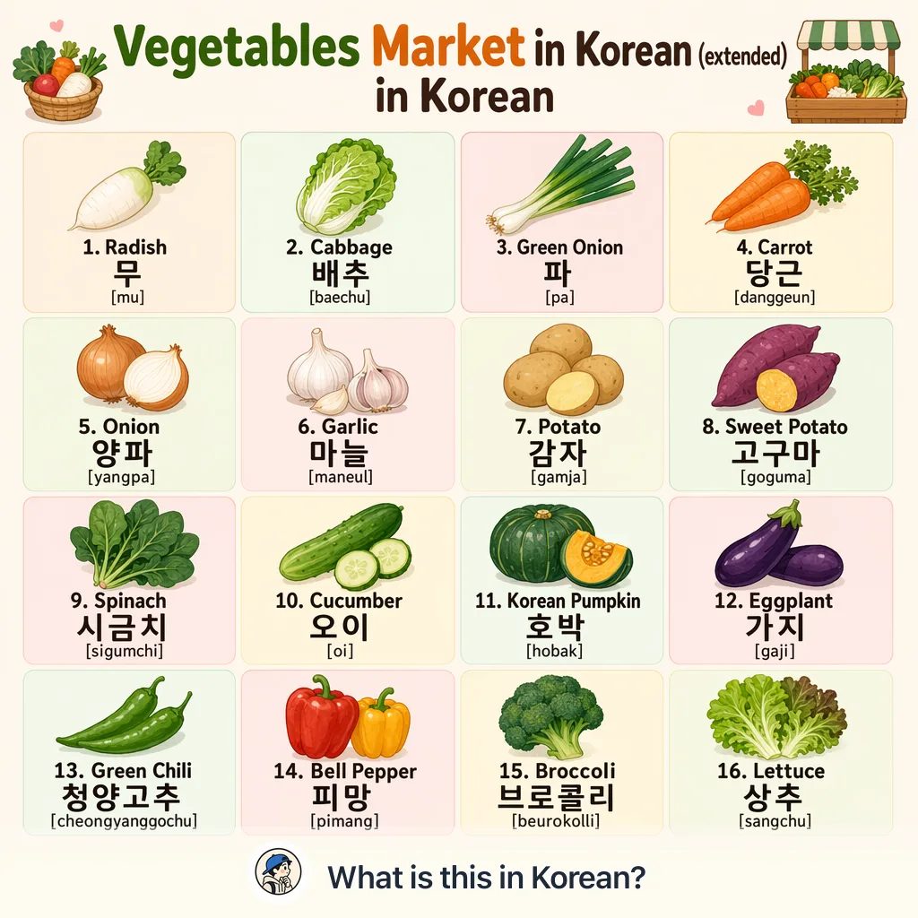 Vegetables Market in Korean (extended) — Korean vocab chart