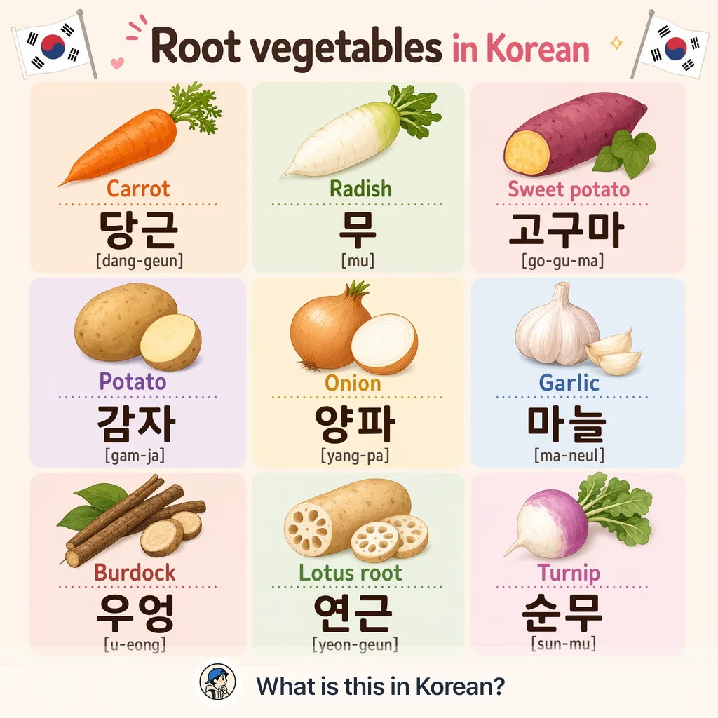 Root vegetables in Korean — Korean vocab chart