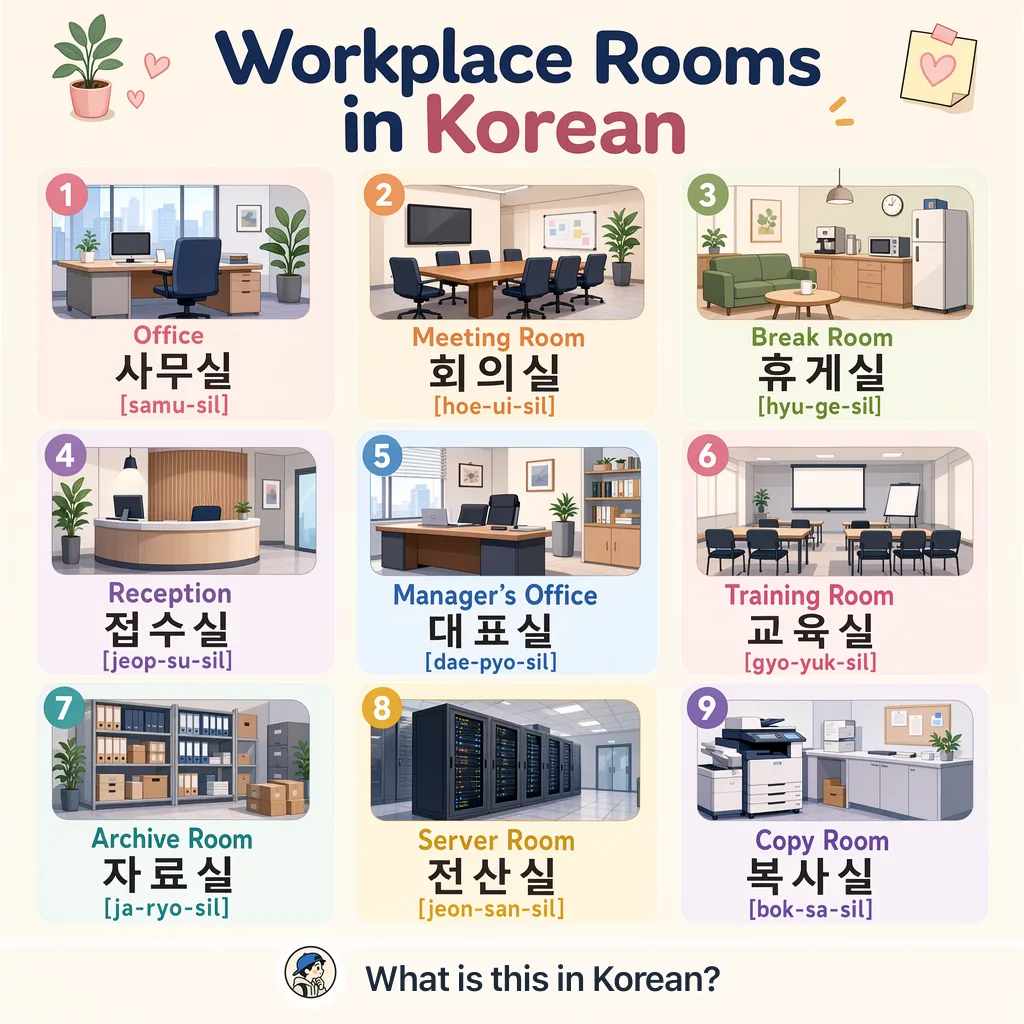 Workplace Rooms in Korean — Korean vocab chart