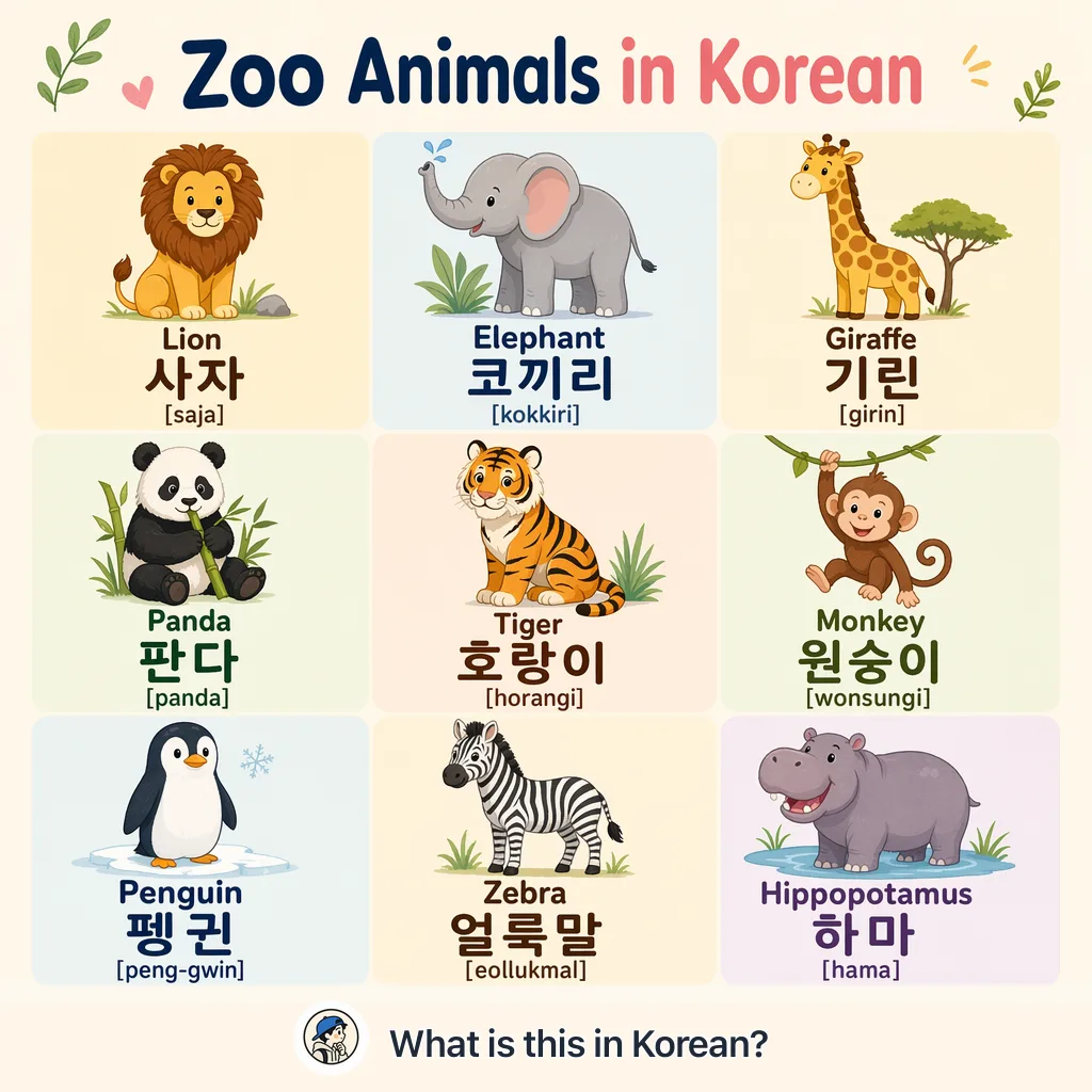 Zoo Animals in Korean — Korean vocab chart