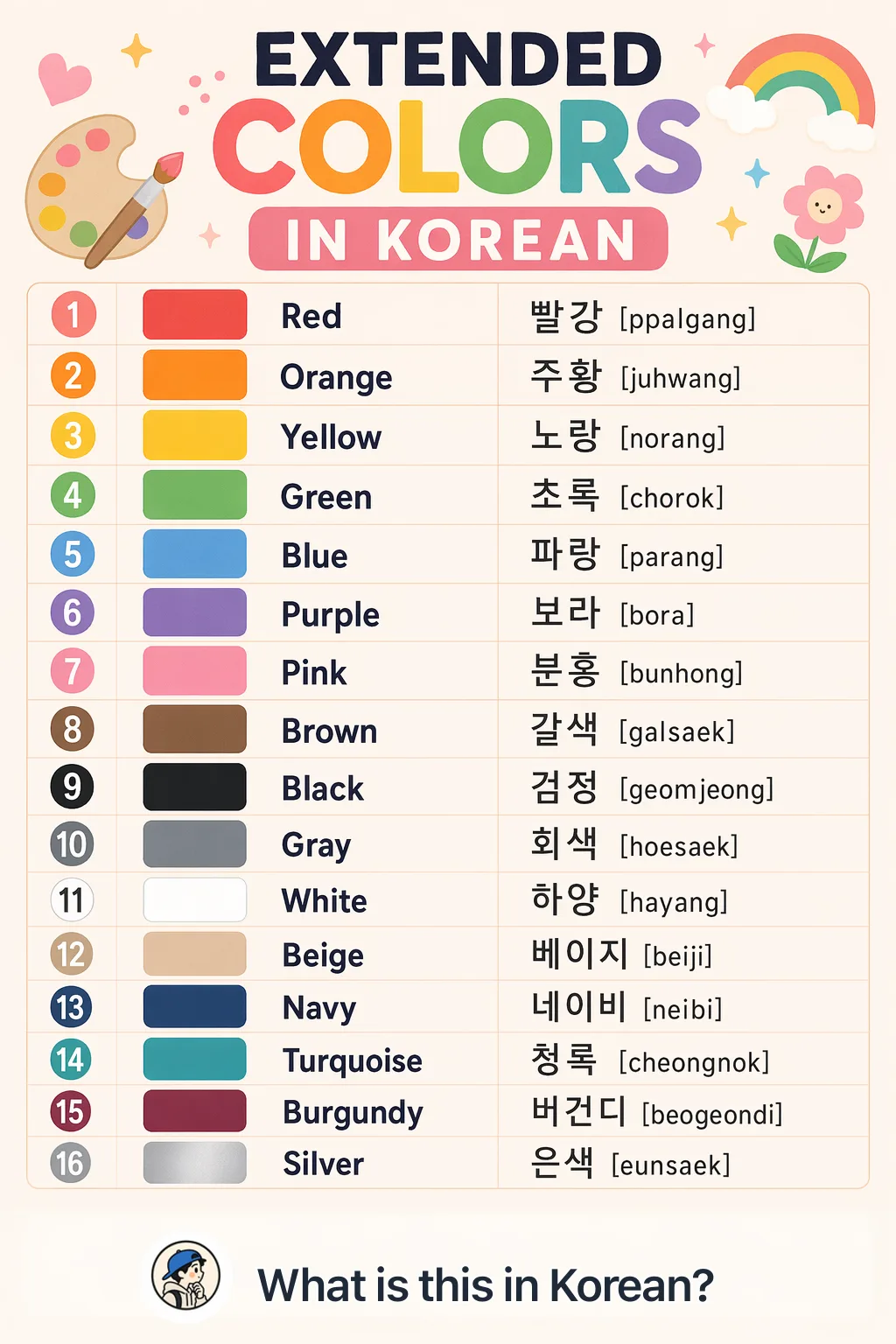 Extended colors in Korean — Korean vocab chart