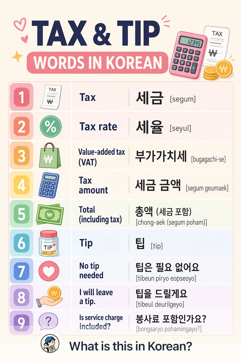 Tax & tip words in Korean — Korean vocab chart