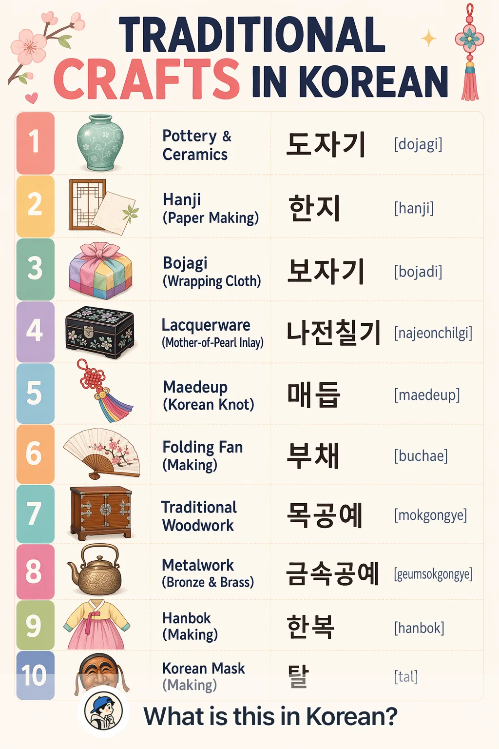 Traditional crafts in Korean — Korean vocab chart