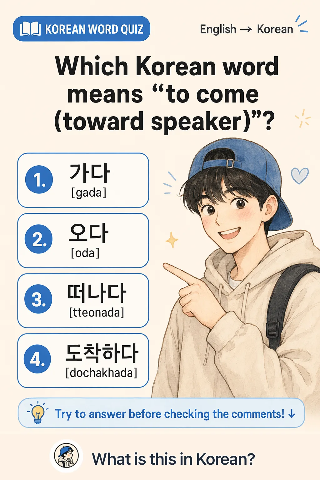 Go vs come quiz in Korean — Korean vocab chart