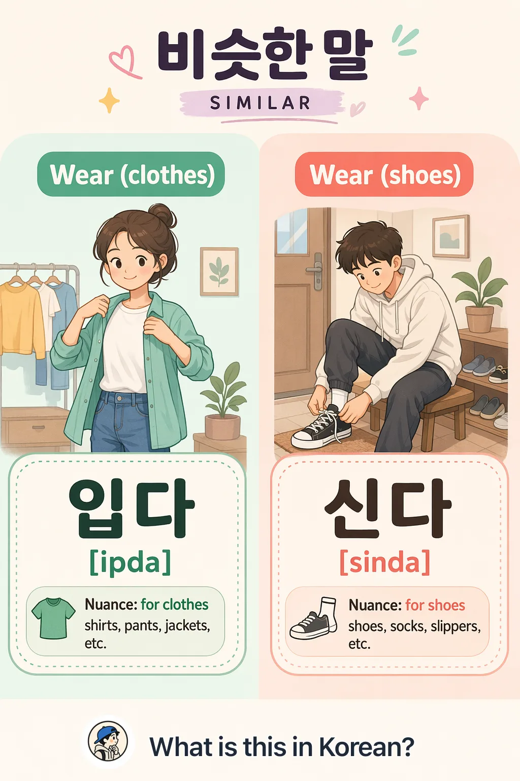 Wear (clothes) vs Wear (shoes) in Korean — Korean vocab chart