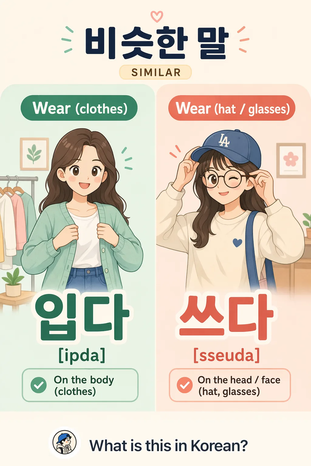 Wear (clothes) vs Wear (hat / glasses) in Korean — Korean vocab chart