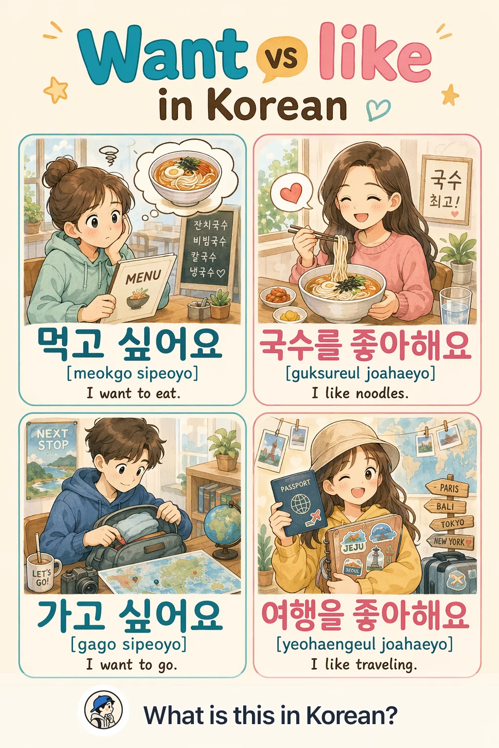 Want vs like in Korean — Korean vocab chart