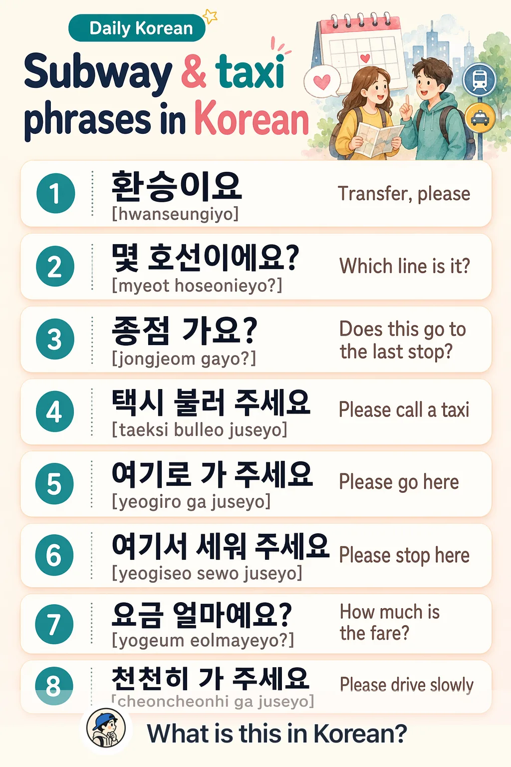 Subway & taxi phrases in Korean — Korean vocab chart