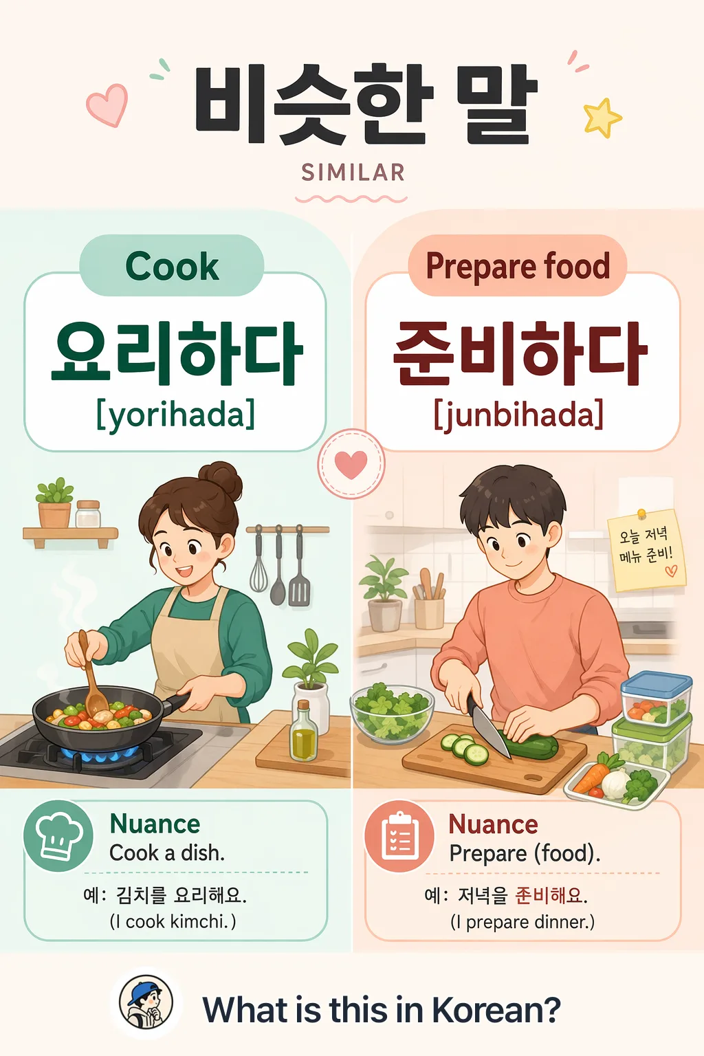 Cook vs Prepare food in Korean — Korean vocab chart