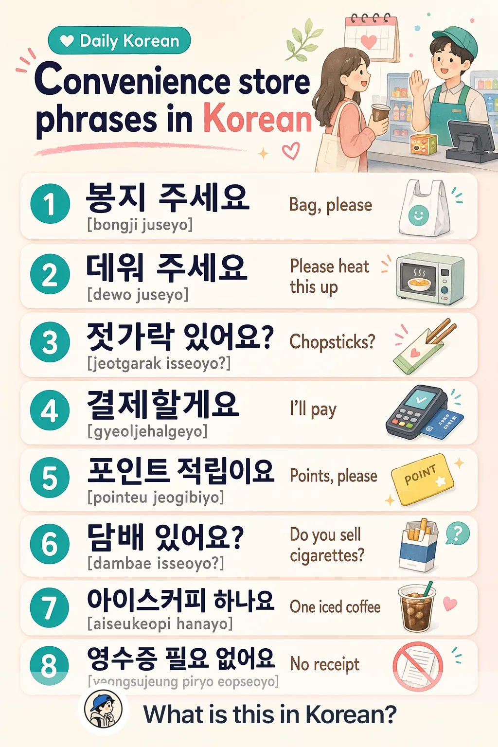 Convenience store phrases in Korean — Korean vocab chart