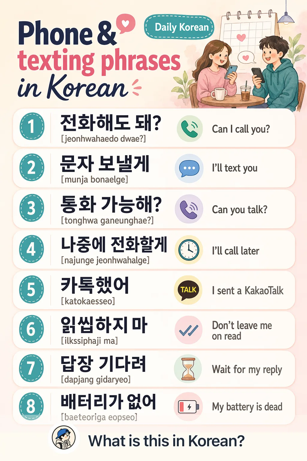 Phone & texting phrases in Korean — Korean vocab chart