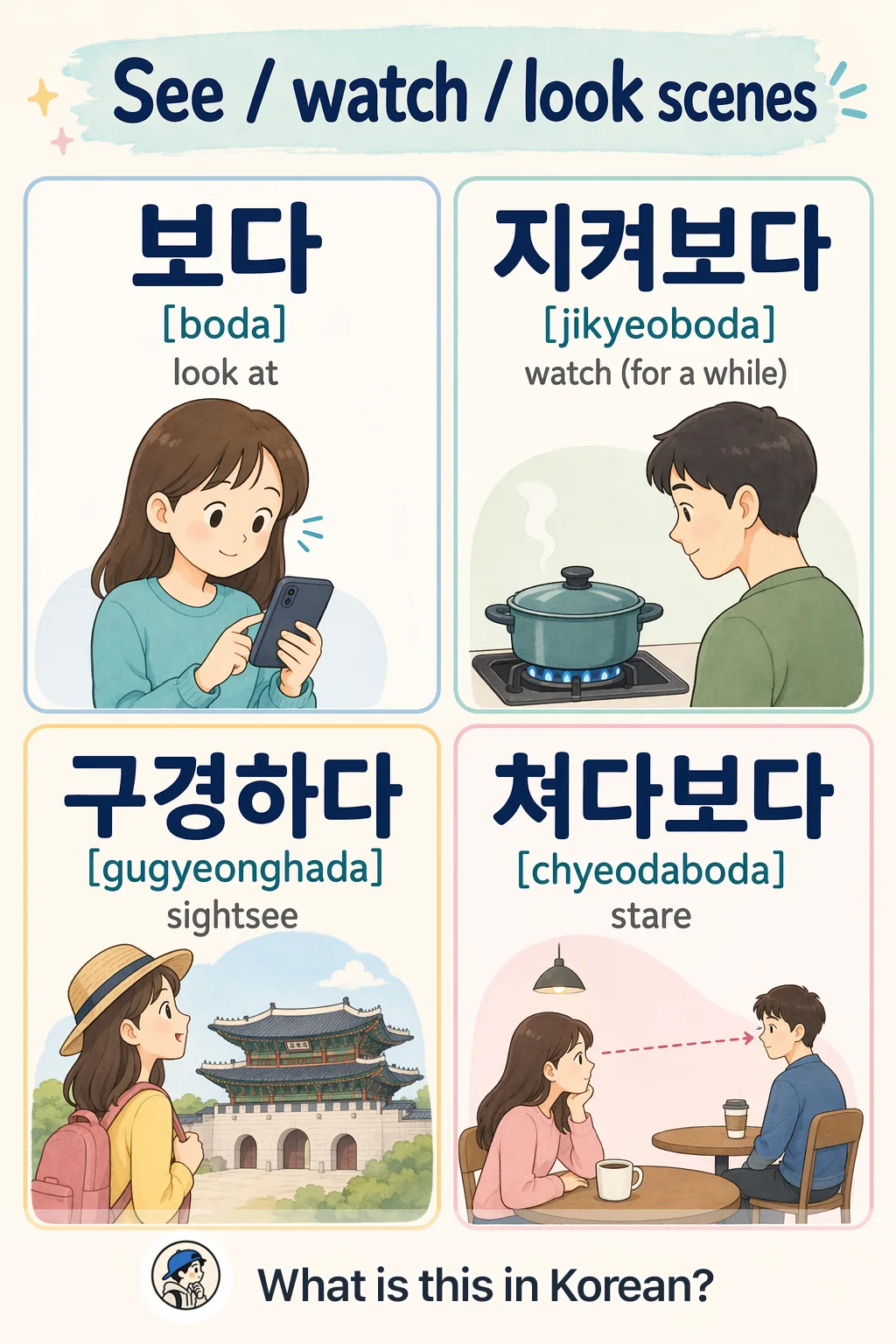 See / watch / look scenes in Korean — Korean vocab chart