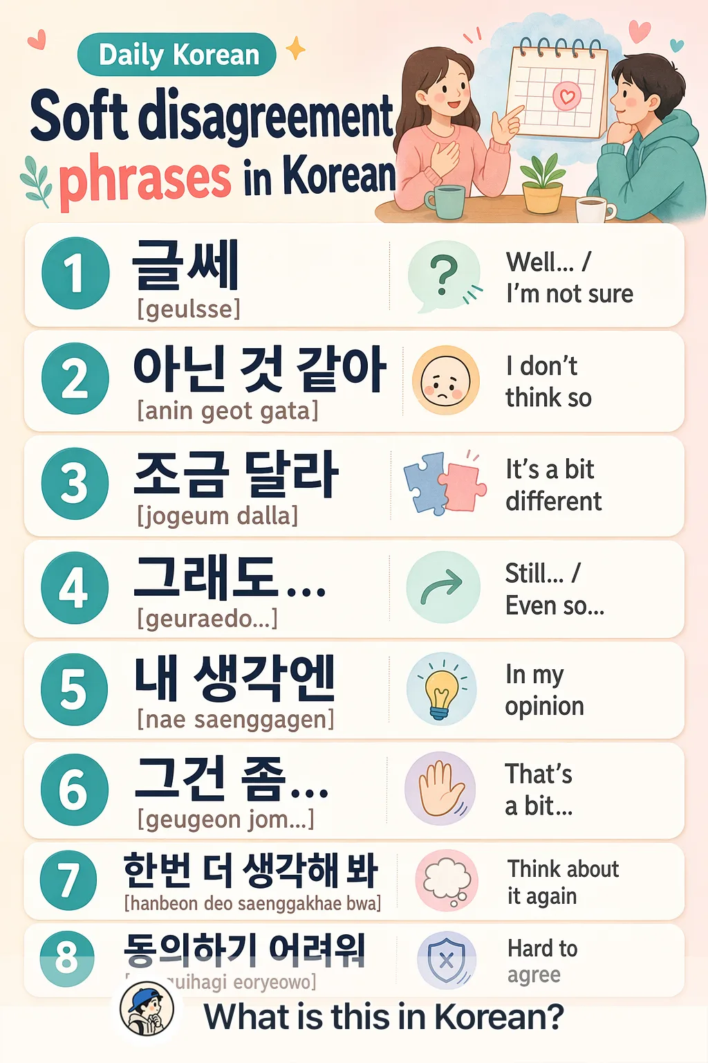 Soft disagreement phrases in Korean — Korean vocab chart