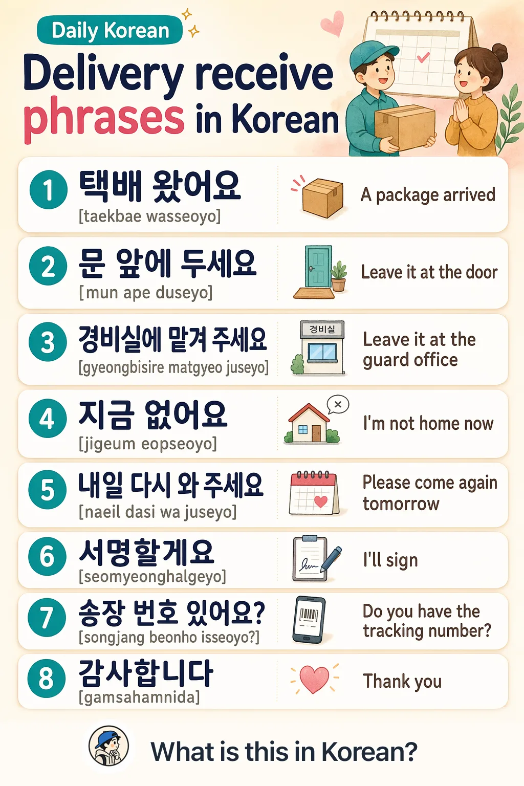 Delivery receive phrases in Korean — Korean vocab chart