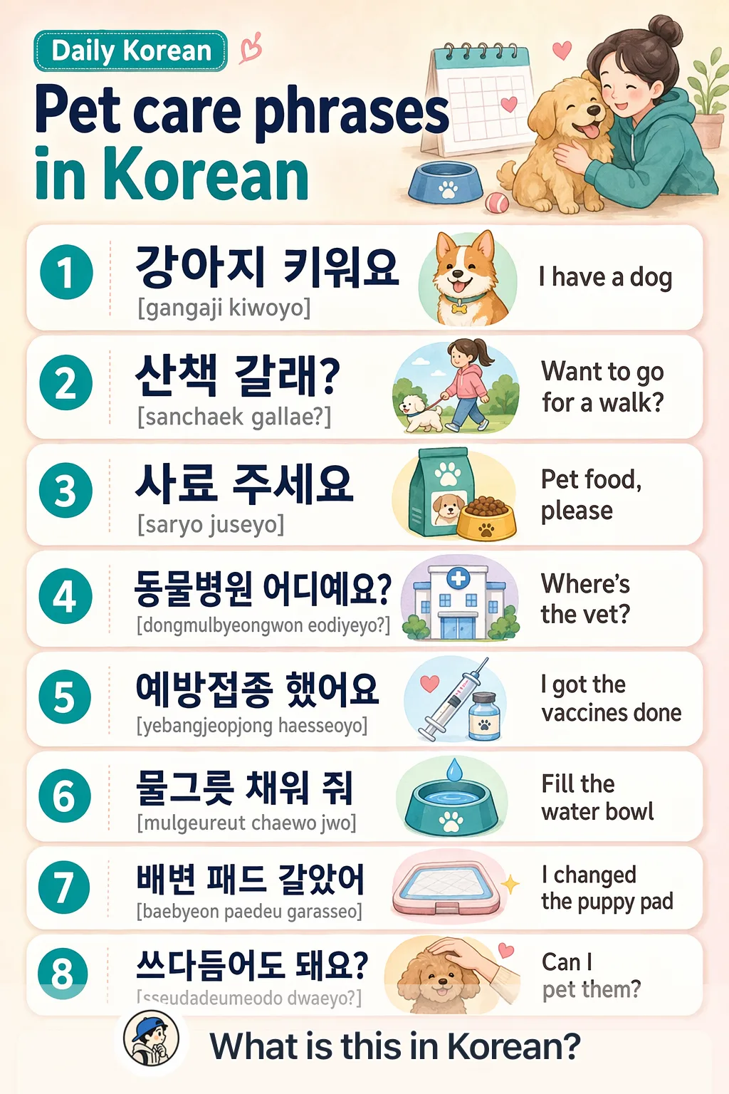 Pet care phrases in Korean — Korean vocab chart