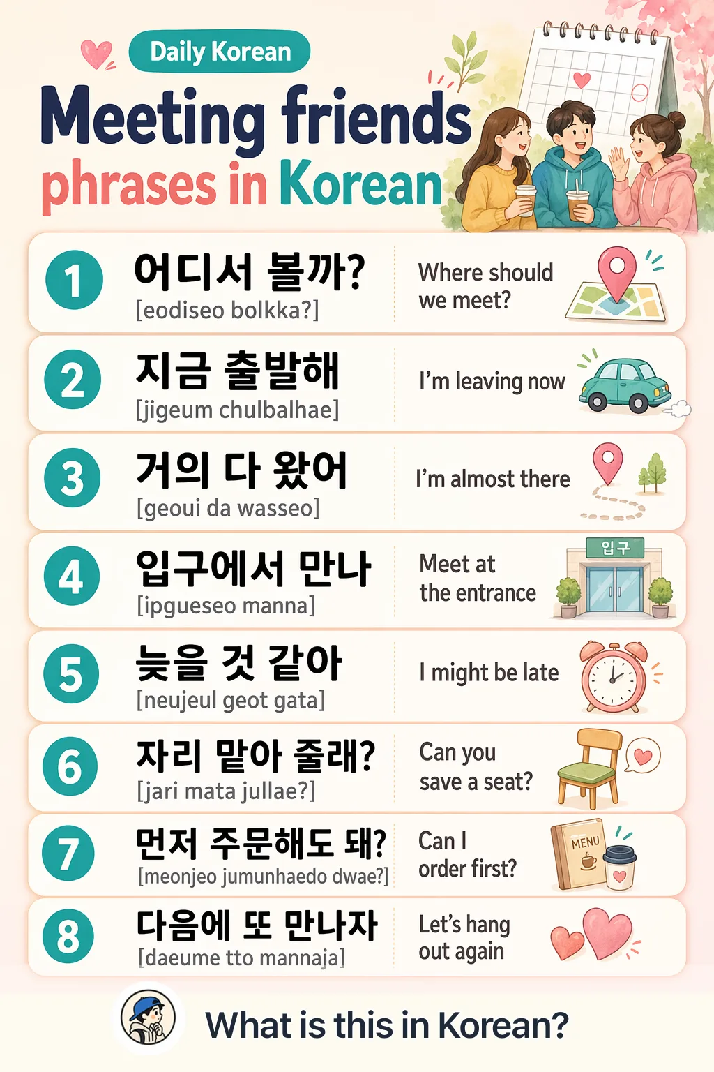 Meeting friends phrases in Korean — Korean vocab chart
