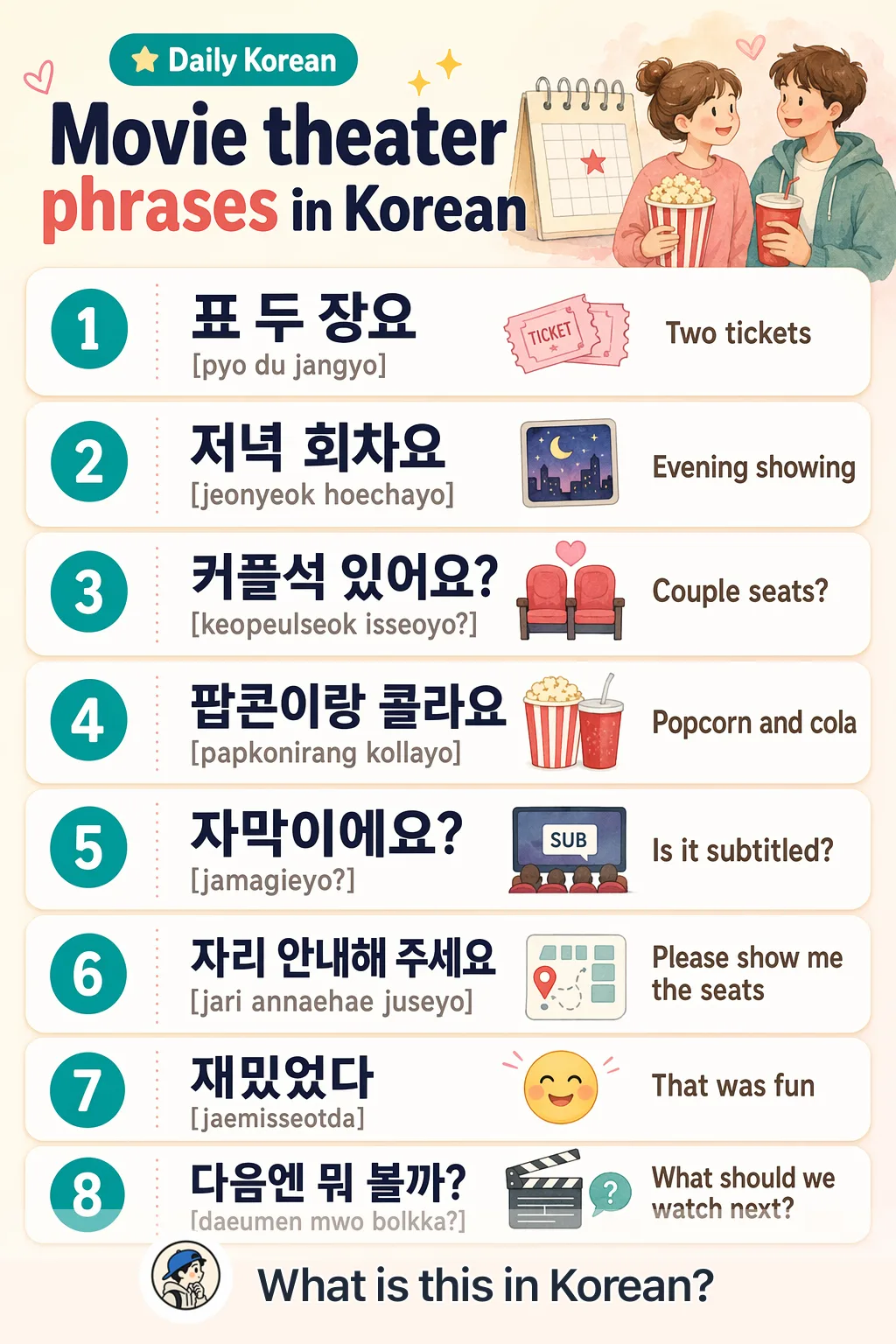 Movie theater phrases in Korean — Korean vocab chart