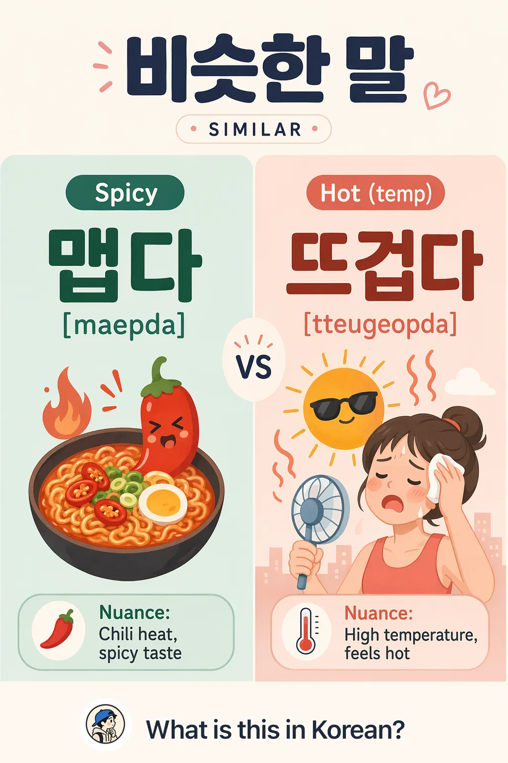 Spicy vs Hot (temp) in Korean — Korean vocab chart