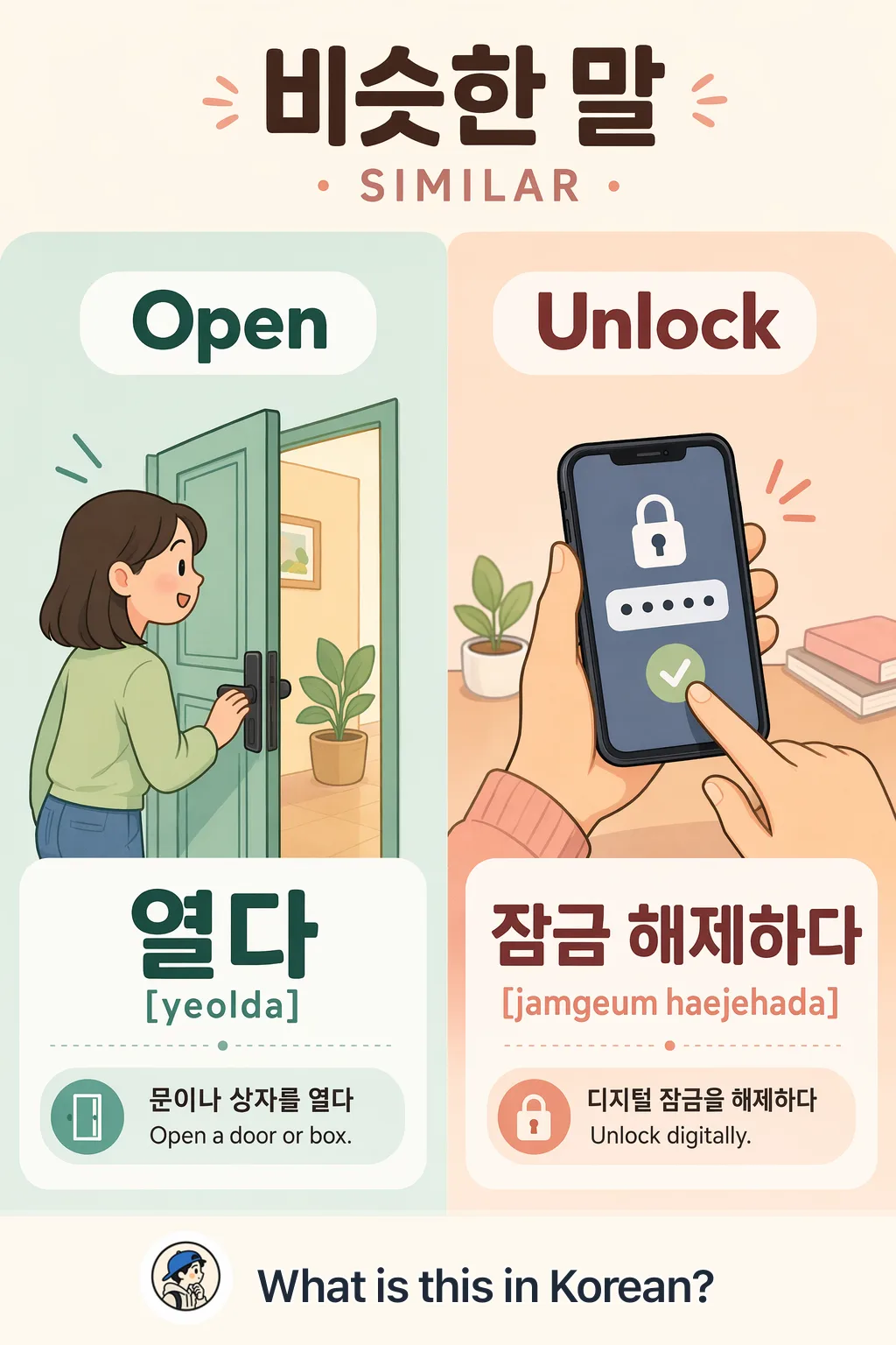 Open vs Unlock in Korean — Korean vocab chart