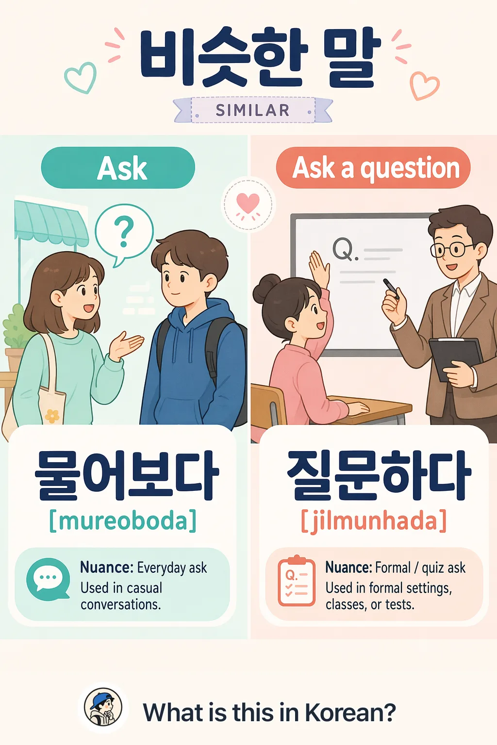 Ask vs Ask a question in Korean — Korean vocab chart