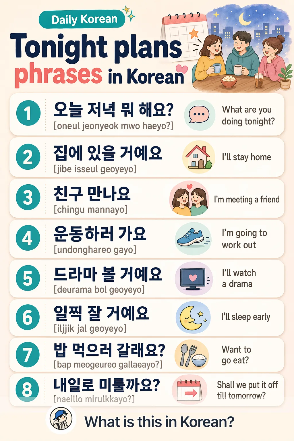 Tonight plans phrases in Korean — Korean vocab chart