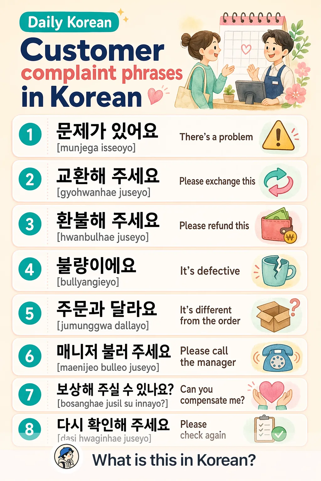 Customer complaint phrases in Korean — Korean vocab chart