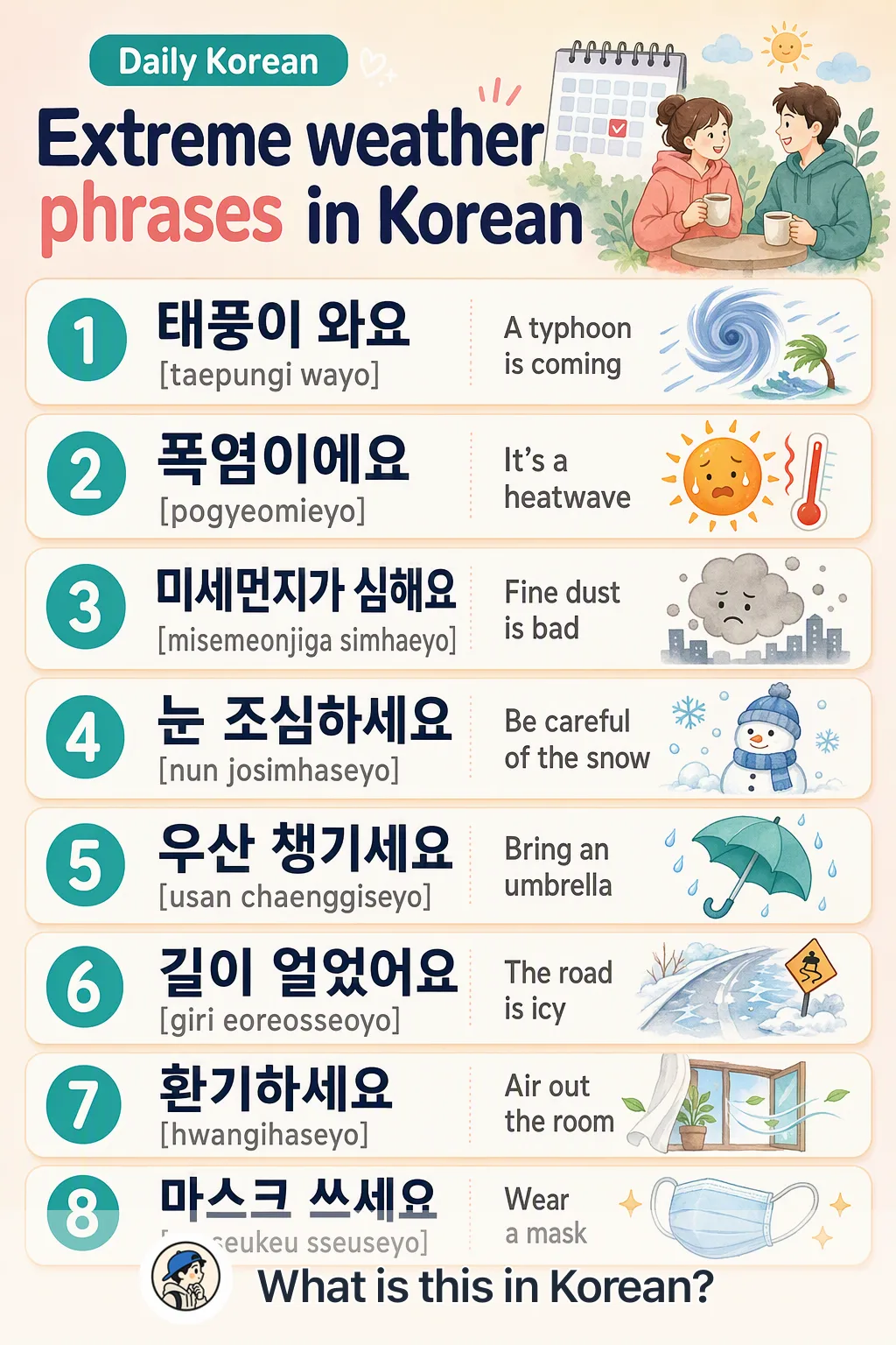 Extreme weather phrases in Korean — Korean vocab chart