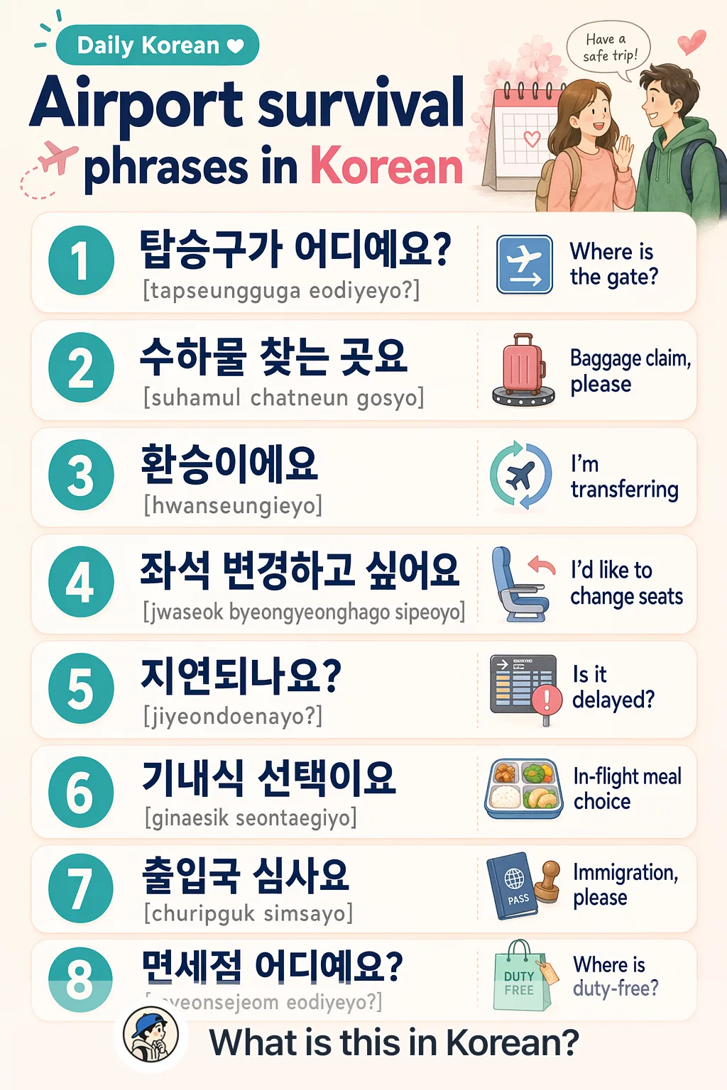 Airport survival phrases in Korean — Korean vocab chart