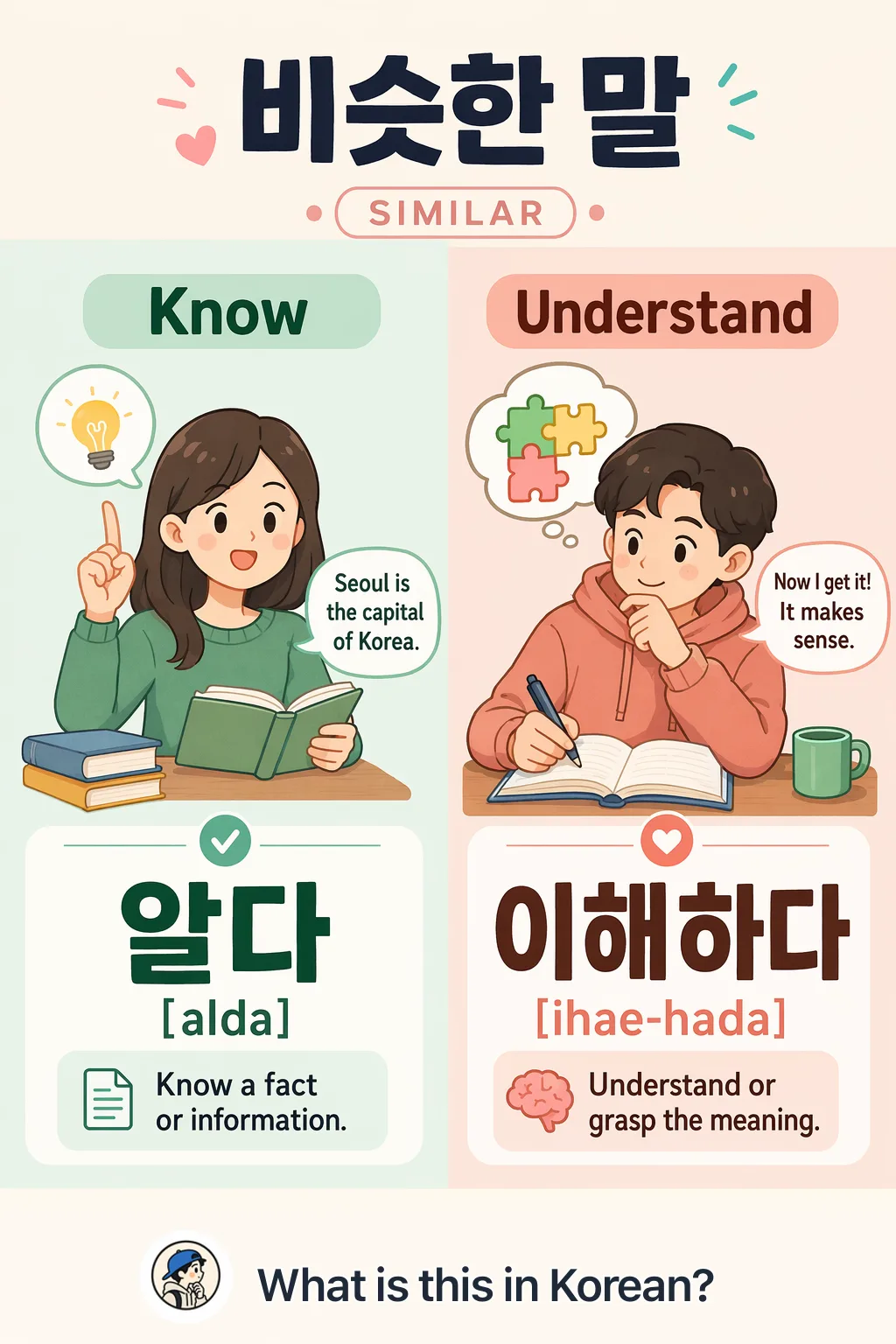 Know vs Understand in Korean — Korean vocab chart