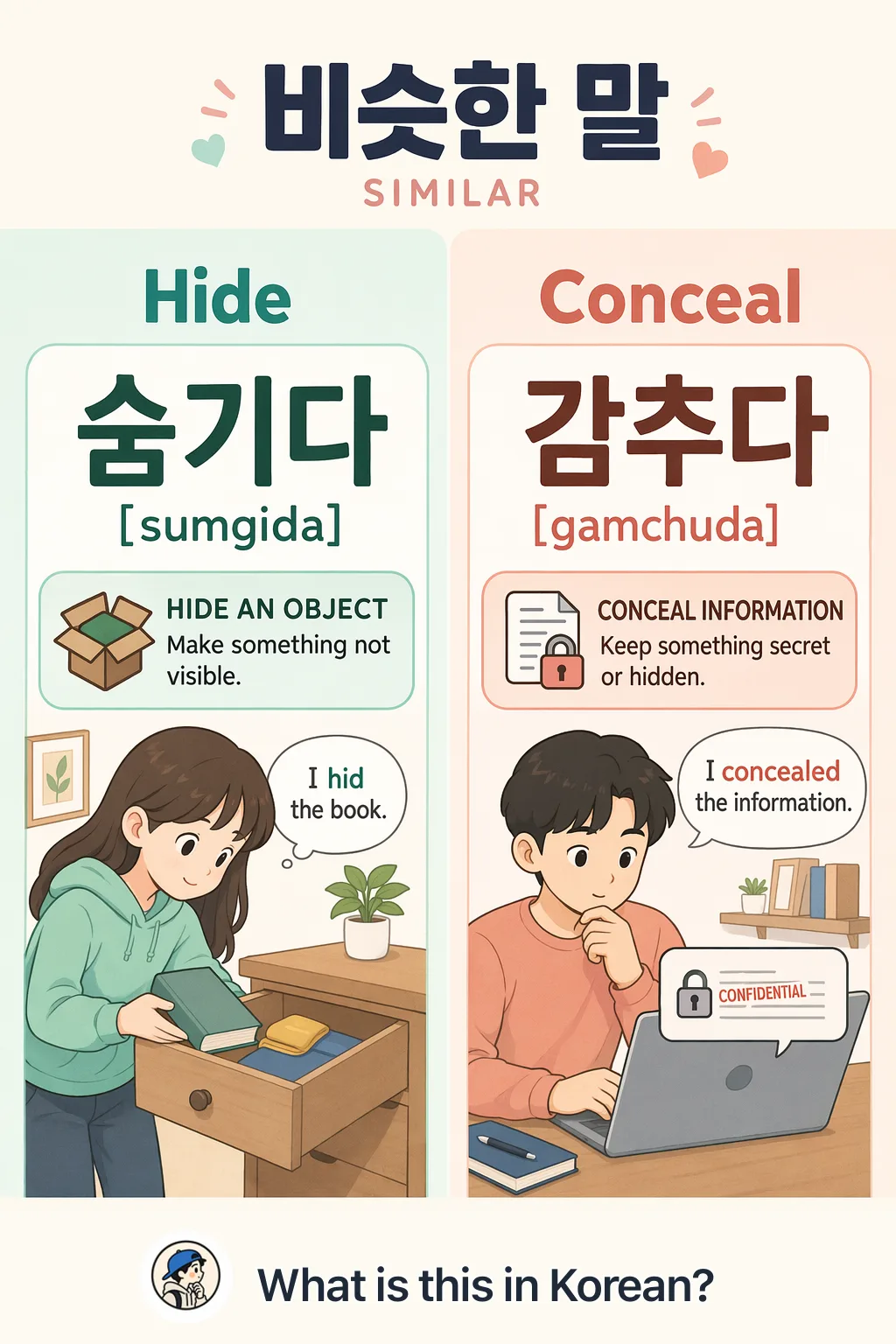 Hide vs Conceal in Korean — Korean vocab chart