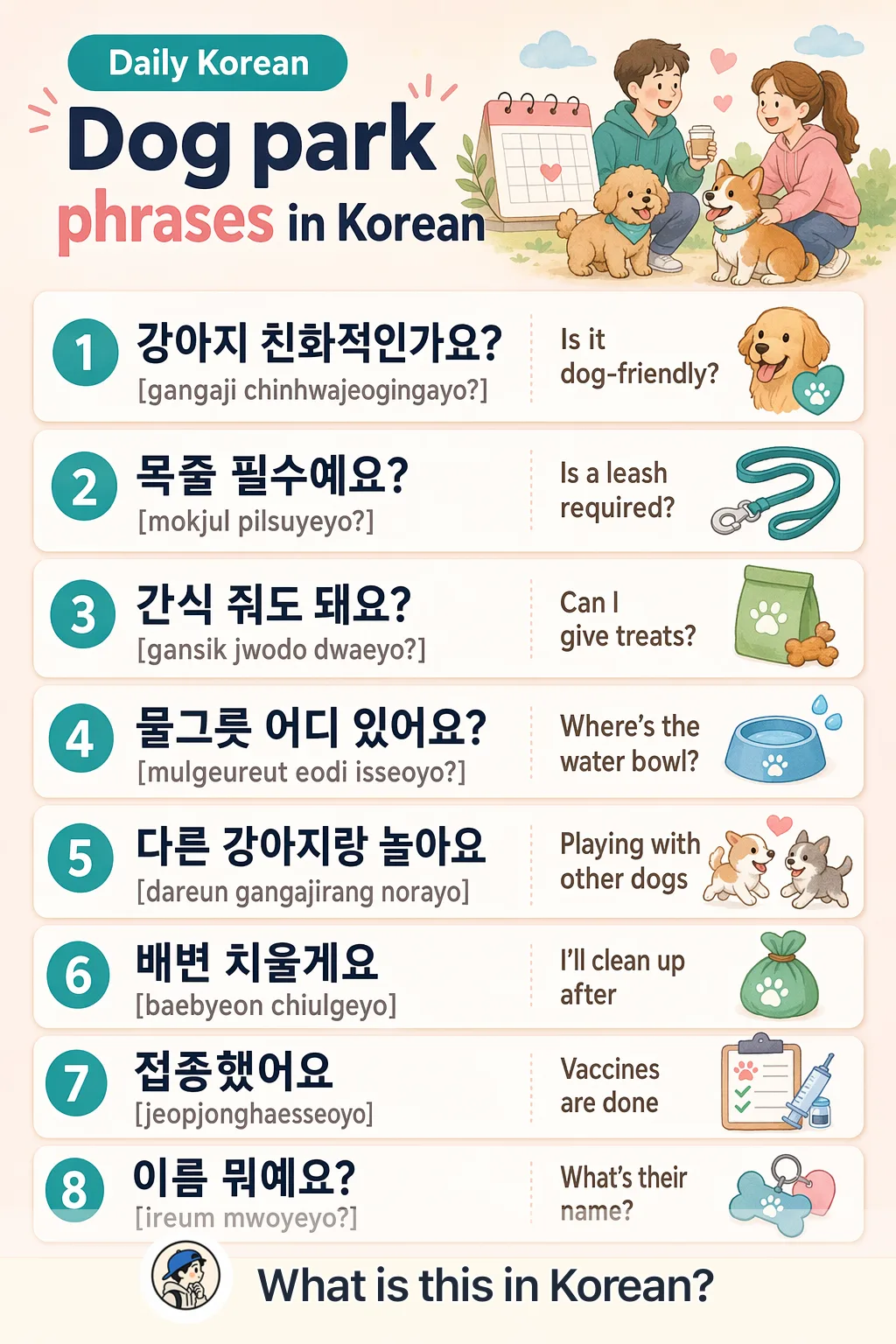 Dog park phrases in Korean — Korean vocab chart