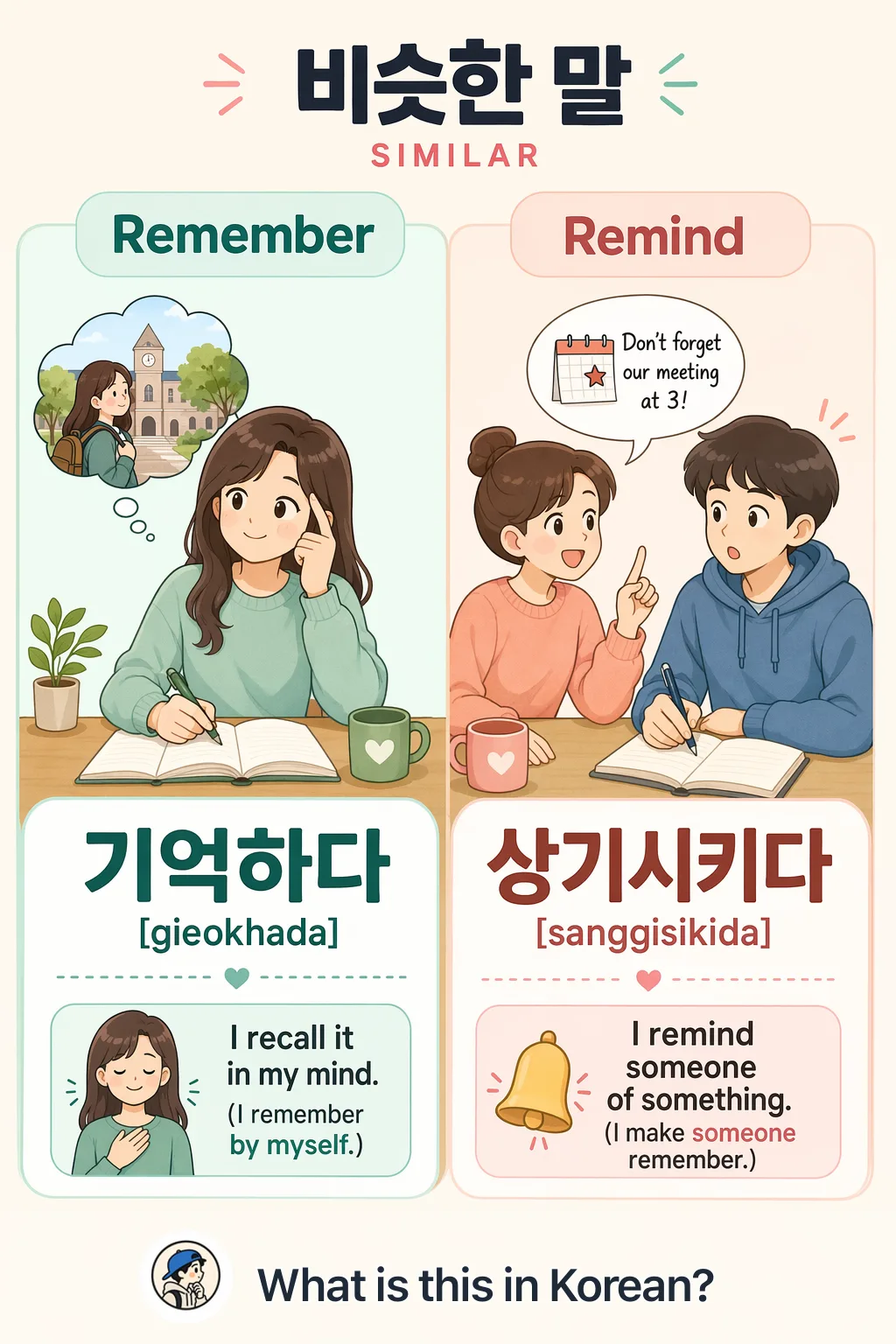 Remember vs Remind in Korean — Korean vocab chart