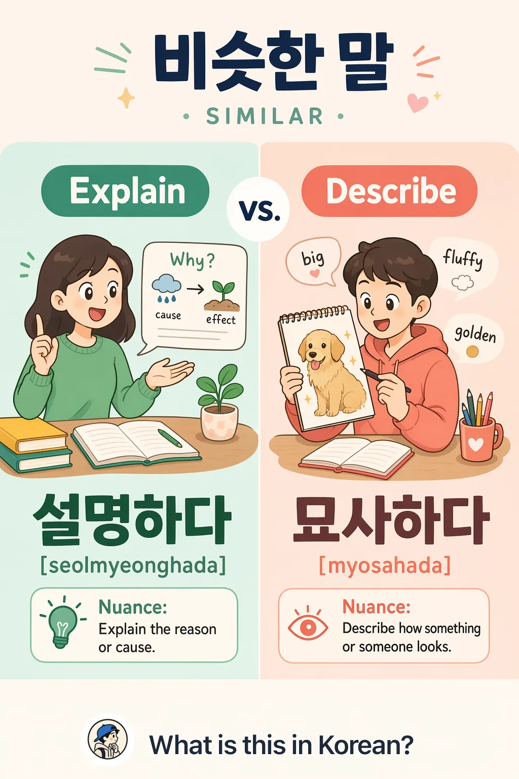 Explain vs Describe in Korean — Korean vocab chart