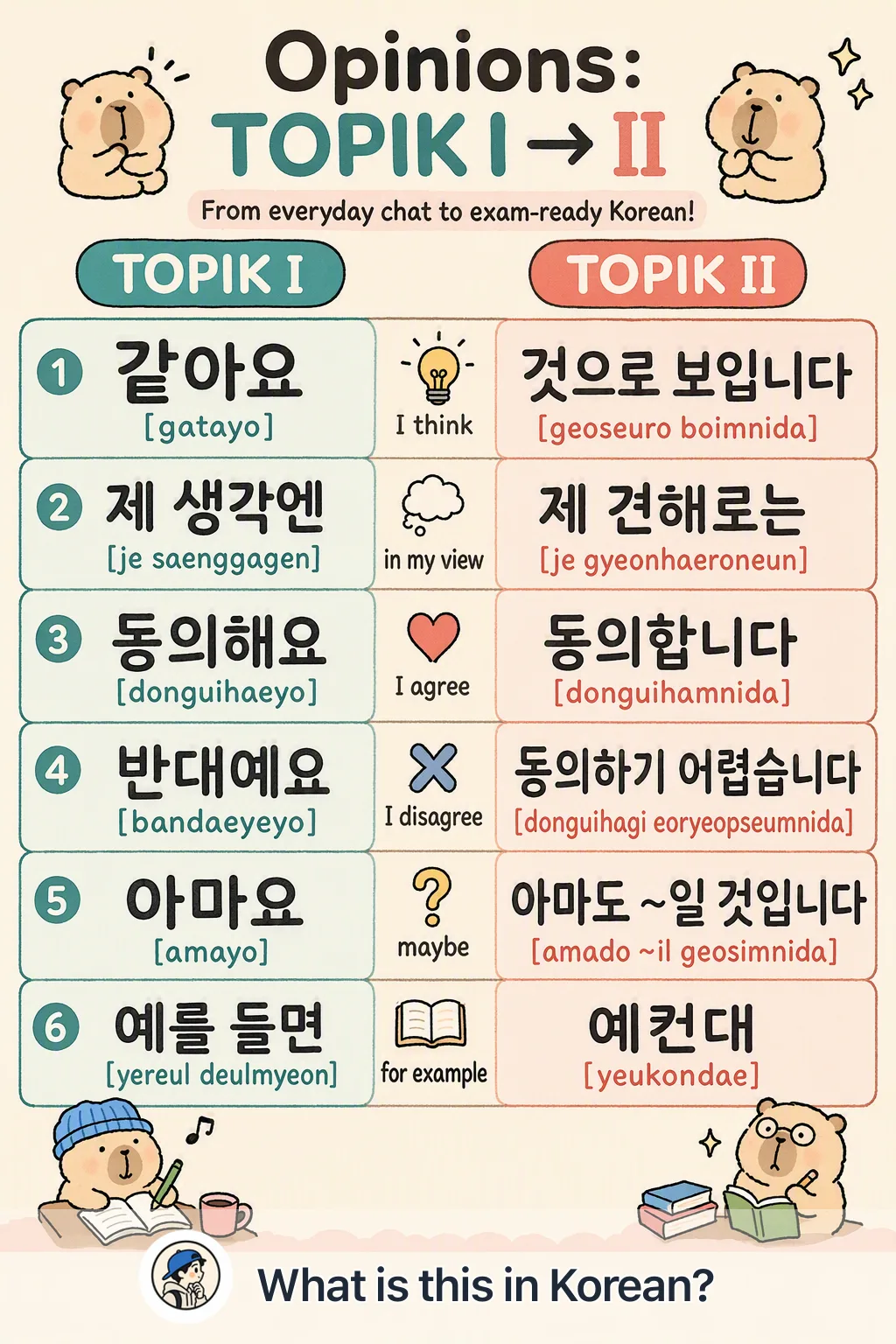 Opinions: TOPIK I → II in Korean — Korean vocab chart