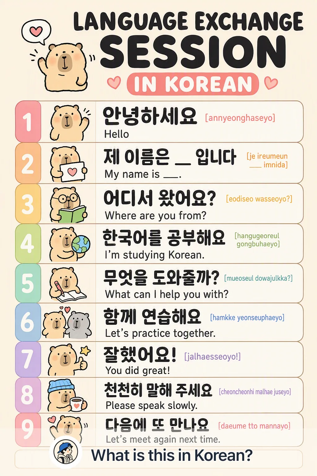 Language exchange session in Korean — Korean vocab chart