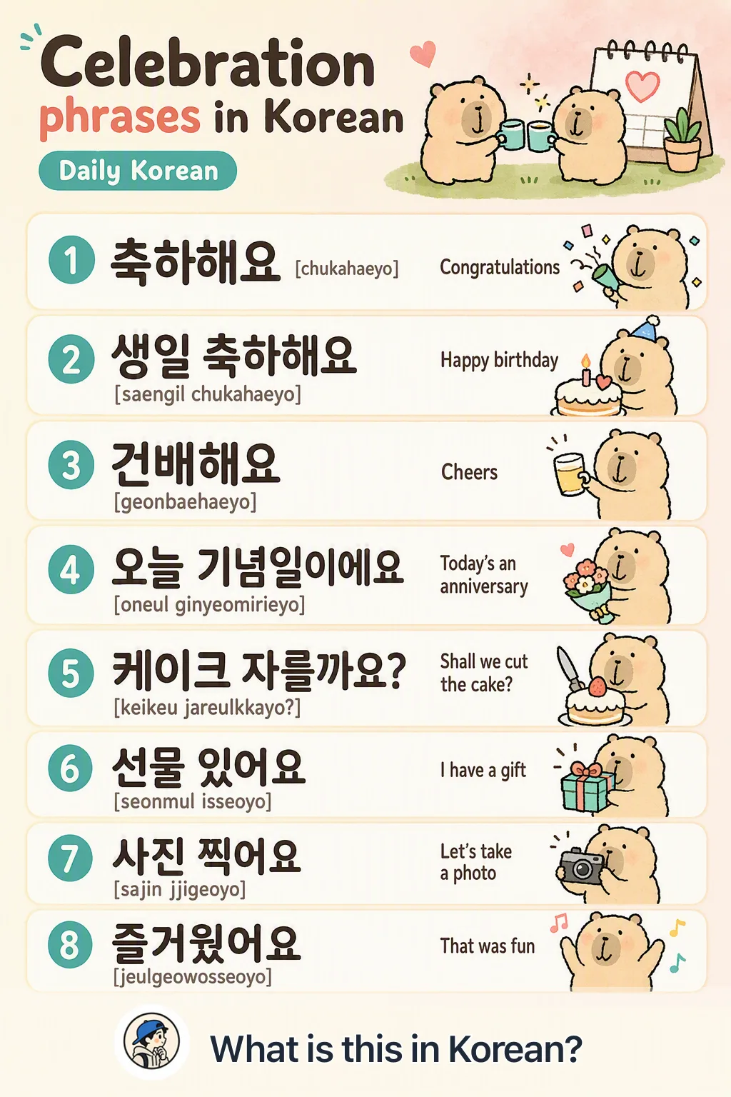 Celebration phrases in Korean — Korean vocab chart