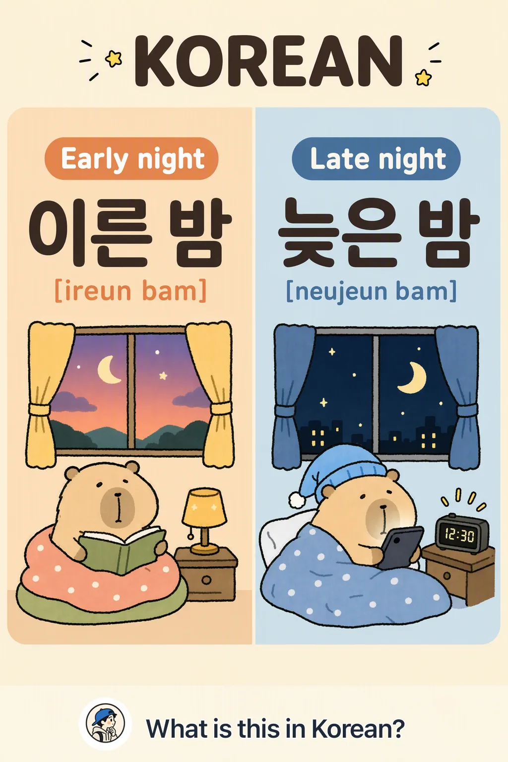 Early night vs Late night in Korean — Korean vocab chart