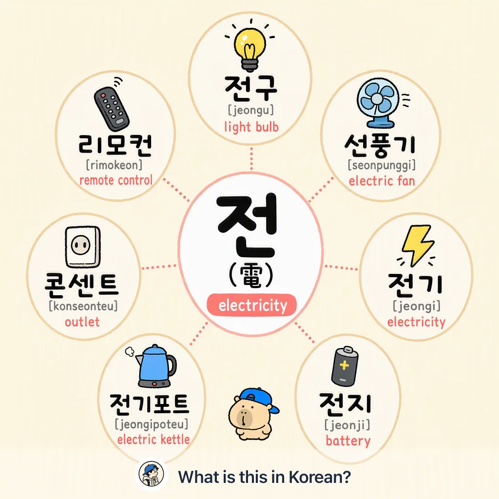 전 (電) — electricity words in Korean — Korean vocab chart