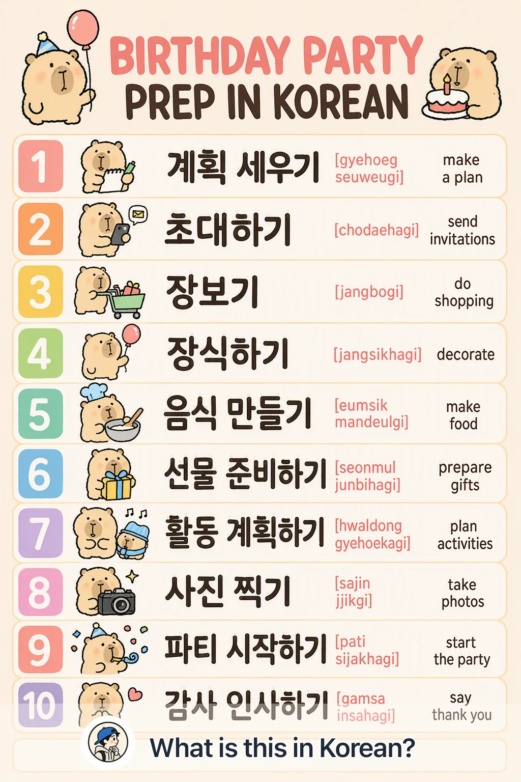 Birthday party prep in Korean — Korean vocab chart