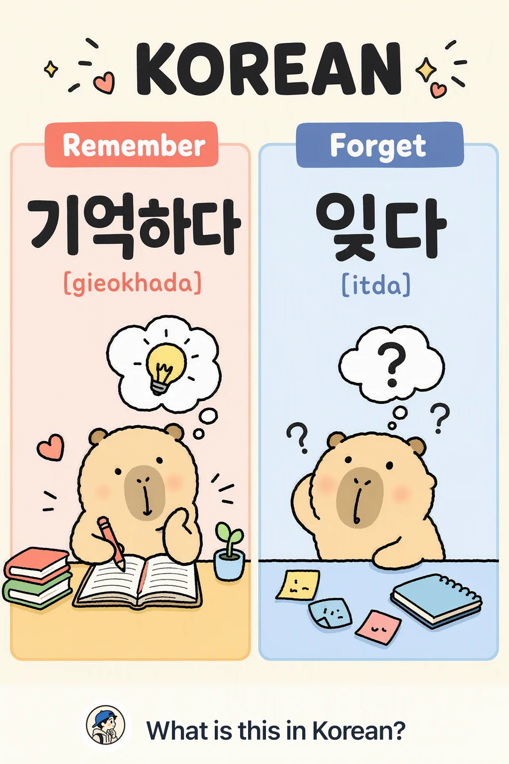 Remember vs Forget in Korean — Korean vocab chart