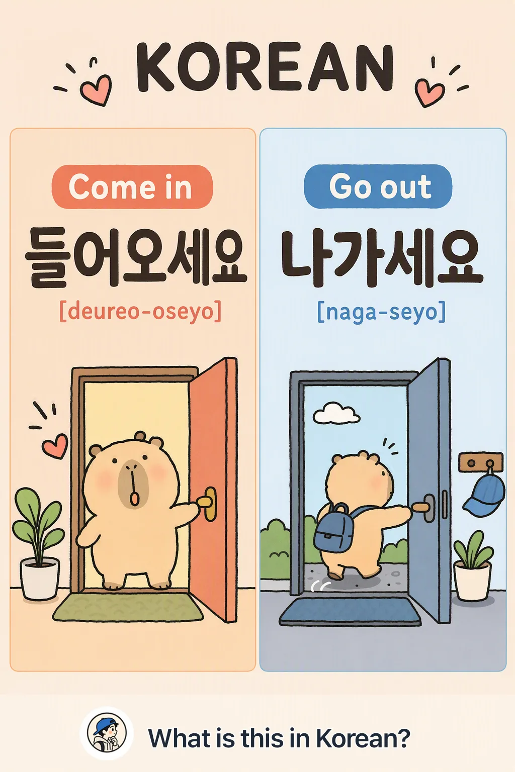 Come in vs Go out in Korean — Korean vocab chart