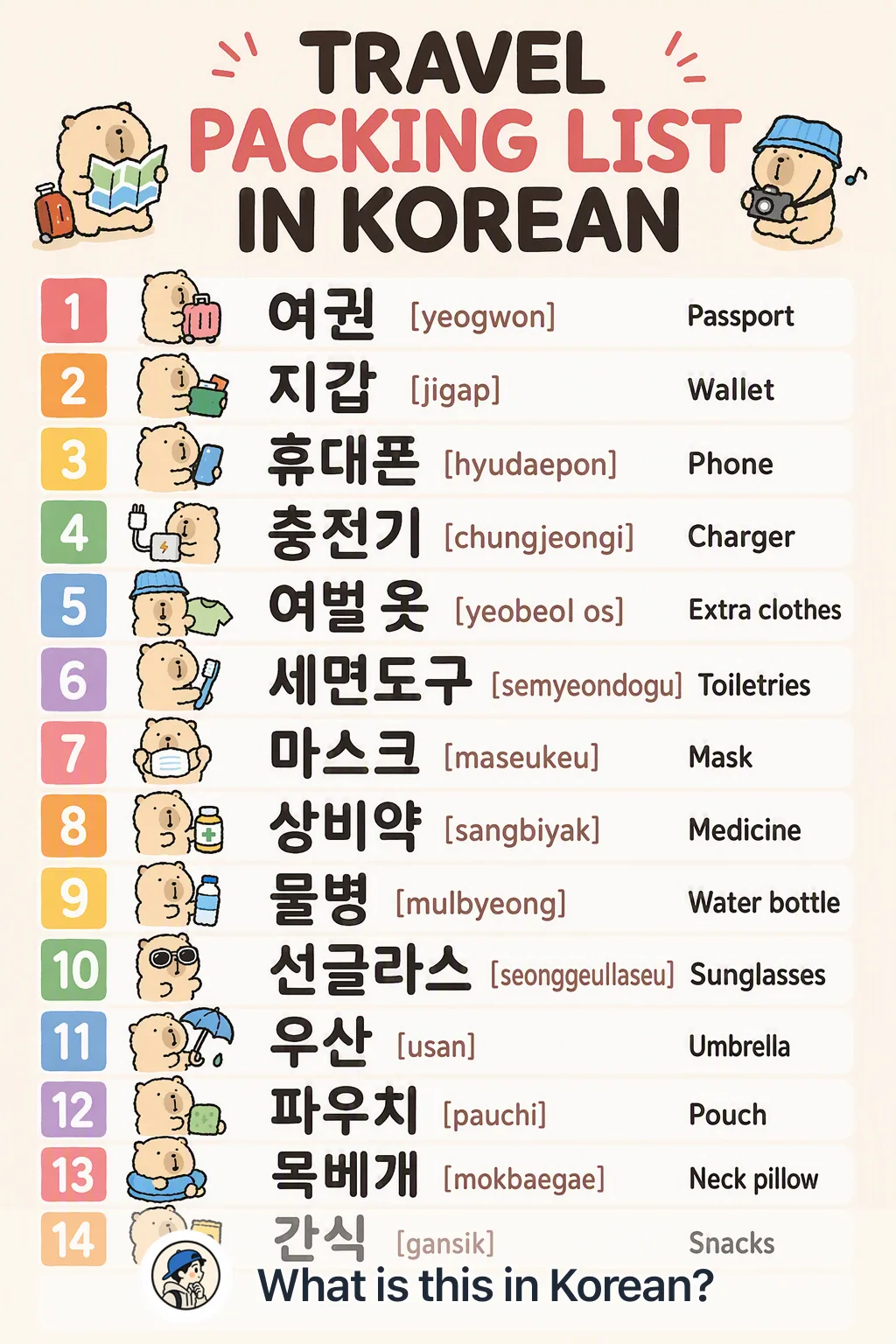 Travel packing list in Korean — Korean vocab chart